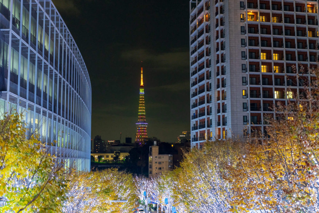 六本木ヒルズ　けやき坂連絡ブリッジから「東京タワー」のイルミネーション